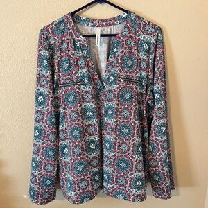 NY Collection Multicolored Sleek Zippered Faux Pockets Women's Blouse